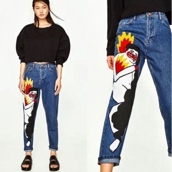 NEW TRF Zara x Ricardo Cavolo Hand Oil Painted Mom Jeans 4 + Belt Dark Wash Rare - Picture 2 of 16